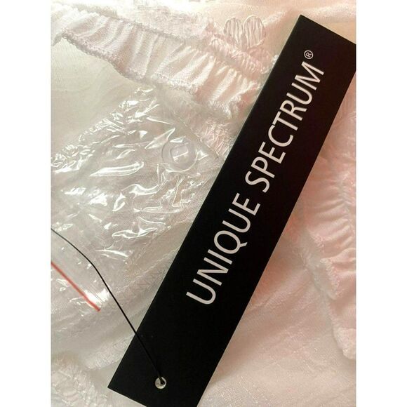 White Ruffled High Neck Blouse Sz M Flutter Sleeve Lace Detail Unique Spectrum - Picture 7 of 7